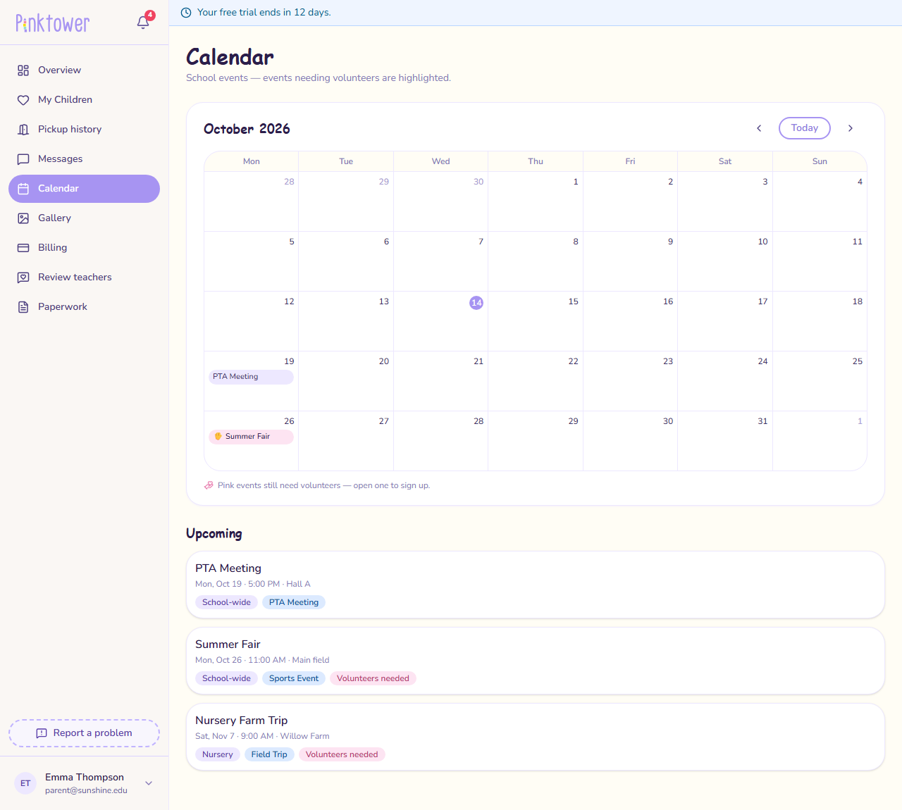 The Calendar's month grid and Upcoming list