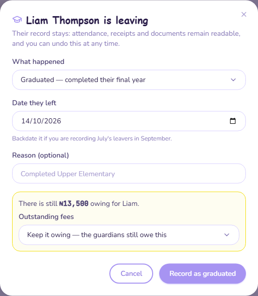 The leaving dialog, with What happened, the date and Outstanding fees
