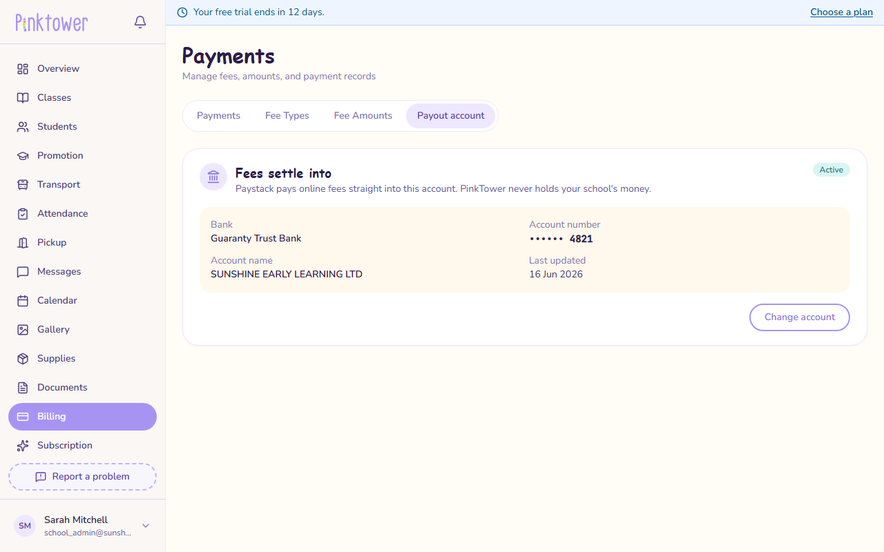 Billing, Payout account tab