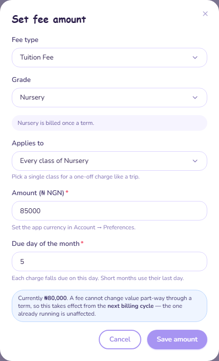 The Set fee amount dialog
