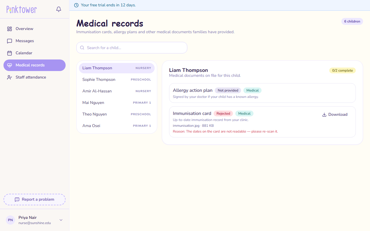 A child's medical documents
