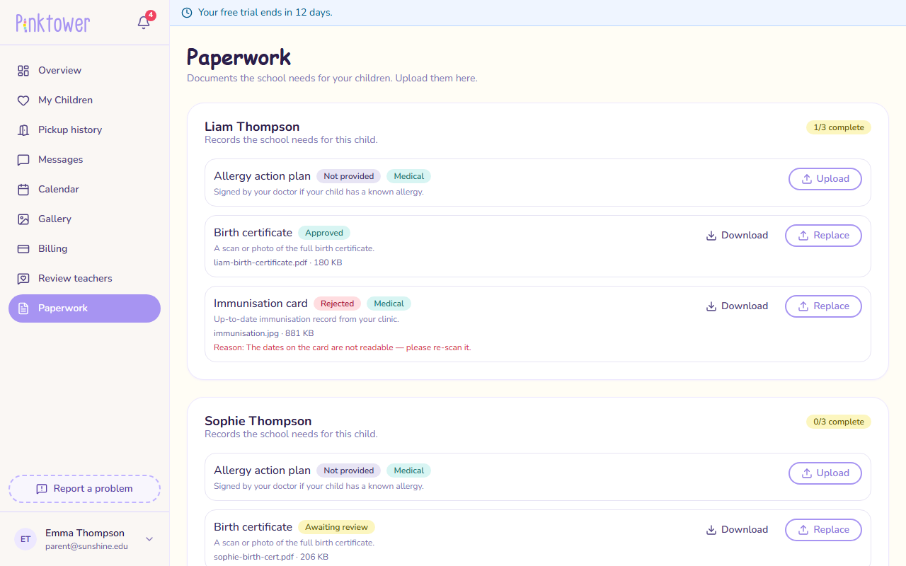 The Paperwork page, with one card per child