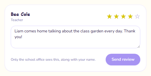 A teacher's review card, with stars, a comment and Send review