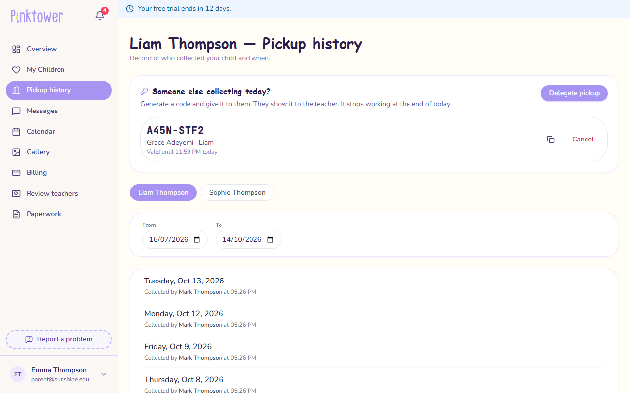 A generated pickup code on the Pickup history page