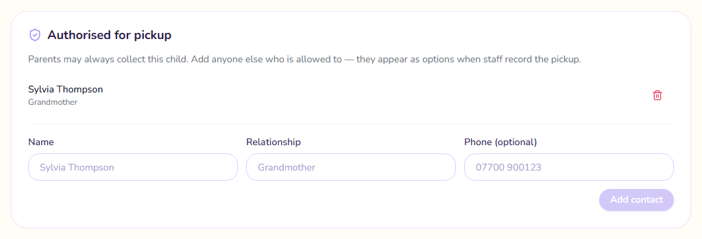 The Authorised for pickup card on a child's page