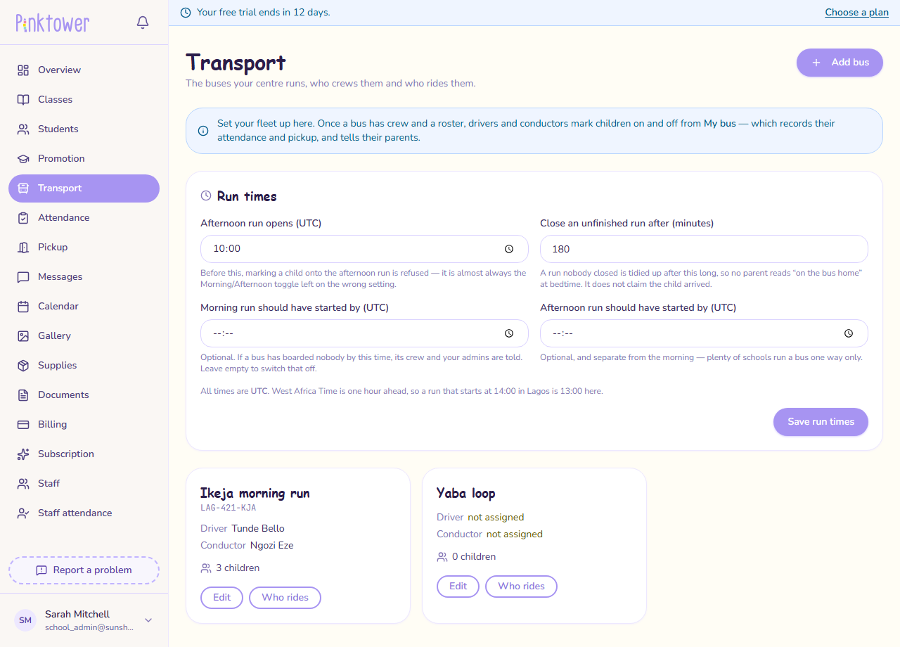 The Transport page, with Run times and the bus cards